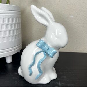 NEW 8.5" Ceramic Springtime Bunny with Blue Bow Figurine